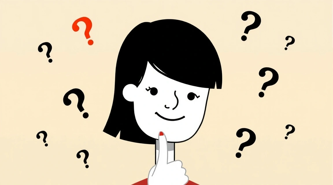 Illustration of a person contemplating with question marks surrounding them, representing curiosity and problem-solving.