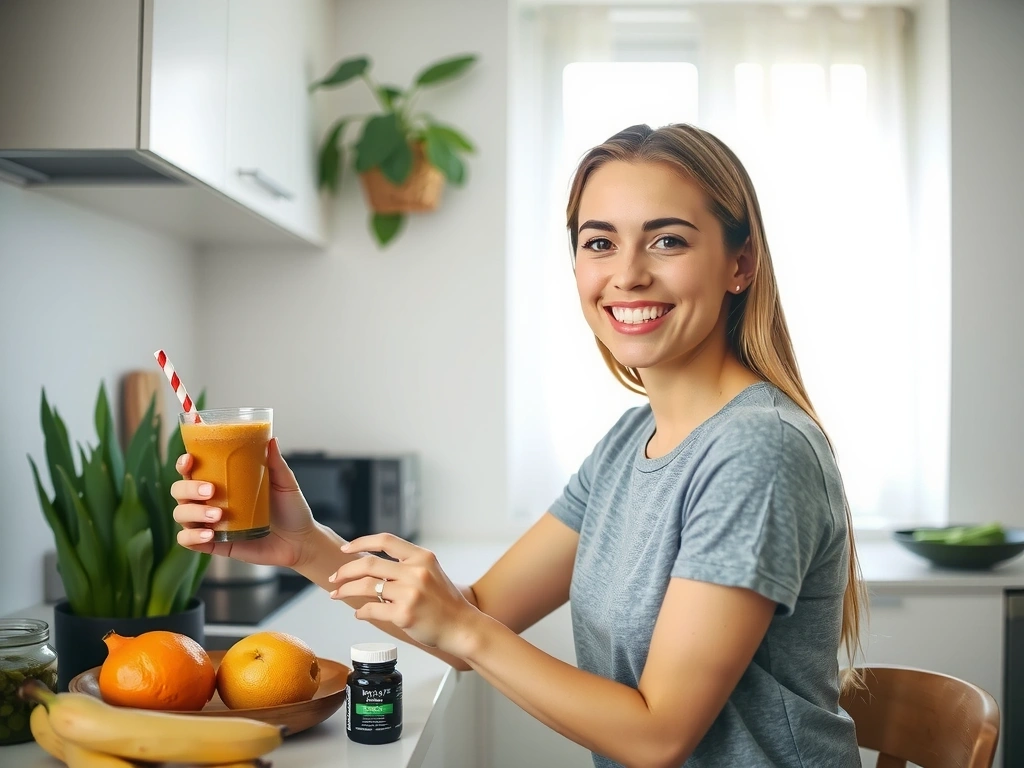 Woman enjoying healthy lifestyle with supplements